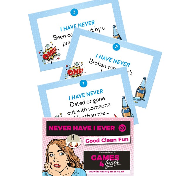 Hannah's Games I Have Never or Drink If Hen Party game multi-challenge options credit card sized and splash-proof resealable bag