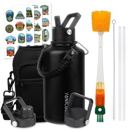 YONICOER Insulated Water Bottle 64oz,Triple Wall Vacuum Stainless Steel(Dishwasher Safe),Leak Proof & Non-BPA,Flask Jug with Paracord Handle & Straw Spout Lids Sports Black