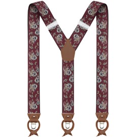 Bioterti Leather Clip And Button Suspenders For Men, Y-Back Style For Formal Outfits (Burgundy Paisley)