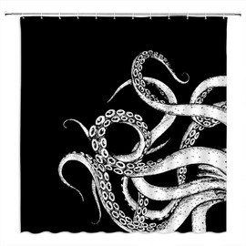 Octopus Shower Curtain Ocean Kraken Funny Black and White Nautical Animal Giant Octopus Tentacle Cool Modern for Men Boys Fabric Bathroom Decor Curtain with Hooks 70wX70h Inch