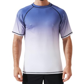 Arcweg Rash Guard Men Short Sleeves Shirt UPF 50+ Elastic Rash Vest Loose Fit Swimming Top Quick Drying Running Vest Sports Top Blue White Gradient L（UK