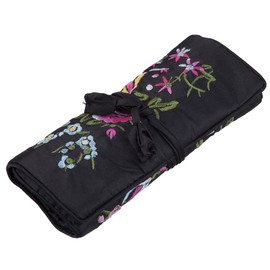KYEYGWO Embroidery Travel Jewellery Roll with Flowers and Bird Embroidery, Chinese Jewellery Organiser, Portable Roll Bag, Jewellery Bag for Necklaces, Ring, Bracelet Storage, Black