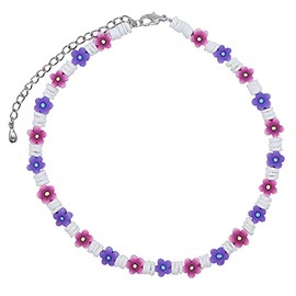 Puka Shell Necklace for Women, Y2k Jewelry VSCO Seashell Necklace, Genuine Round Smooth Shell Beads, Beach Choker, Trendy Hawaiian Surfer Necklace, Trendy Summer Fashion Jewelry (Pink/Purple Daisy)