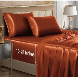 VACVELT 4pcs Extra Deep Pocket Satin Sheets Queen Size Bed Set, Burnt Orange Satin Sheet Set Fit 18-24 Inch Deep Pocket Mattress, Silky & Luxury Satin Bedding Set Soft & Ultra Deep Fitted Sheet Set