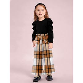 MIGU 5T-6T Girls Clothes Cute Outfits Black Puff Sleeves Cotton Long Sleeve Tops Brownish-white Striped Pants Headband 3Pcs Girls Fashion Gift Set