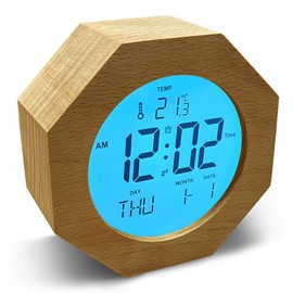 JoFomp Wooden Alarm Clock for Bedroom, 4'' LCD Nightlight Small Digital Clock Battery Operated, Loud Alarm Clock for Heavy Sleepers, Alarm Bedside Clock with Temp/Snooze/Date/Week/Countdown - 12/24H