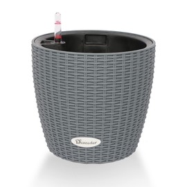 Dexceder 9x8 Inches Rattan Self Watering Planter Indoor Outdoor, Inner Pot Design, Thickened Table Flower Plant Pot with Water Level Indicator (Deep Gray)