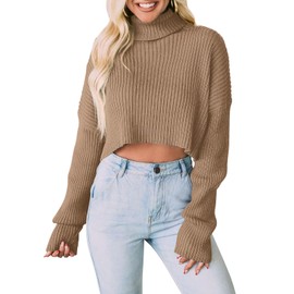 PRETTYGARDEN Women's 2025 Fall Winter Turtleneck Cropped Sweater Causal Ribbed Knit Long Sleeve Pullover Jumper Tops(Khaki, Small)