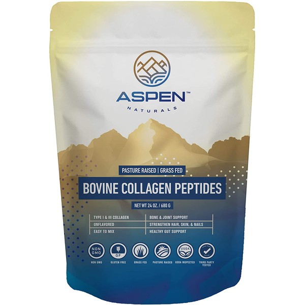 Collagen Gelatin Peptides 24oz Powder - USA Sourced from Grass Fed Cattle, Gluten Free, Paleo Friendly, Water Soluble, Flavorless, Easily Mixes into Liquids - Aspen Naturals Brand