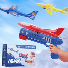 Bogenkönig Set of 3 Airplane Launcher Toys: LED Foam Glider Kits, Catapult, 2 Flight Modes, for Boys and Girls Aged 3-12 Years (Blue, Red and Yellow)