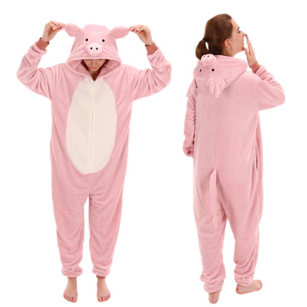 COSUSKET Snug Fit Unisex Adult Onesie Pajamas, Flannel Pig Cosplay