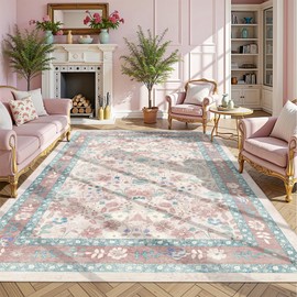 Pink Floral Area Rug 6x9 for Living Room Deerly Boho Vintage Large Washable Non-Slip Bedroom Carpet Low Pile Thin Floor Mat Indoor for Playroom Nursery Kids Girls Room Farmhouse, Light Pink/Blue/Multi