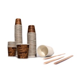Bioaiks KIT Office 250 Paper Coffee Cups with Wooden Scoops – Biodegradable, Brown, 75 ml