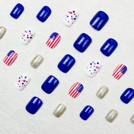 Blue Red Independence Day Press on Nails Short Square Fake Nails 4th of July False Nails Glossy Finish Acrylic Nails Kit American Flag and Dot Glue on Nails Stick on Nails for Women Manicure 24Pcs