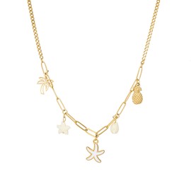 WASAIE Boho Summer Starfish Sea Shells Coconut Tree Pineapple Pendant Charms Necklace For Women, Seashore Ocean Holiday Stainless Steel Chain Surfer Jewelry Choker Necklace Adjustable