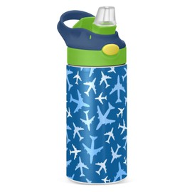 Airplanes in The Sky Kids Water Bottle with Straw Lid Insulated Stainless Steel Reusable Tumbler Leakproof Vacuum Thermos for Boys Girls Toddler School Sports 12oz