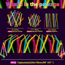 APUXXJUPA Glow Party Supplies Plates Set for 20 Guests, Including Fluorescent Lines Tablecloth, Napkins and Plates for Glowing Birthday Art Black Light Party Supplies Decorations