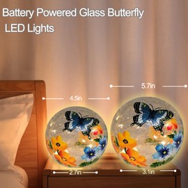 Crackle Glass Ball Light Butterfly Floral Pattern LED Night Light Indoor Tabletop Decorative Sphere Lamp for Home Decor Christmas Birthday Wedding Girls Women's Gift (2 Pack)