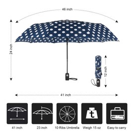 Agaric Cute Polka Dots Compact Travel Umbrella - 10 Ribs Windproof Umbrella, 46” Auto Open/Close Portable Umbrella with Reinforced Canopy and Ergonomic Handle (Navy Blue)