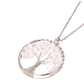 Halukakah Women's Crystals Healing Stones Necklace Gold/Platinum Plated Brass Wire Natural Moonstone / Pink Quartz/Amethyst Quartz/Carnelian/Jade Handmade Winding Tree of Life Pendant Chain 50 cm,