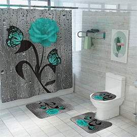 Teal Rose Shower Curtain Set Butterfly Bathroom Curtain with Non-Slip Rug, Toilet Lid Cover and Bath Mat, Rose Shower Curtain with 12 Hooks, Waterproof Raindrops Shower Curtain for Bathroom