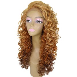 LUXLUXE Mariah Curly 16 Inch Long 7x4 Hand-Tied Lace Front Wig, Heat Resistant Fiber, 20+ Shades of Natural, Dip Dyed, & Blended Colors (#BX263 - Strawberry Blonde)