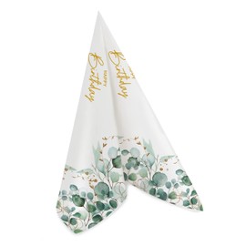 20 Large Fabric-Like Napkins Birthday Eucalyptus Green Border Festive Table Decoration Motif Napkins for Happy Birthday Adults Man Woman Boy Girl Open 40 x 40 cm Folded 20 x 20 cm