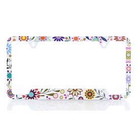 Floral License Plate Frame with a Unique Retro Flower Design That is UV Printed on Durable Plastic. US & Canada Size.