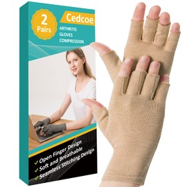 Cedcoe 2 Pairs Arthritis Gloves Fingerless Compression Gloves for Relieve Rheumatoid Arthritis, Osteoarthritis, Carpal Tunnel, Joint Pain for Women and Men to Daily Work (Coffee, Large)