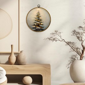CUANFDDSF Vintage Christmas Tree Round Wall Art Decor, Rustic Cottagecore Forest Winter Xmas Tree Wall Hanging Frame Decor, Farmhouse Christmas Canvas Prints Decorations for Home Bedroom, 10x10 Inch