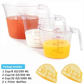 3 Pcs Nesting Liquid Measuring Cups with 2 Filter Baffles, BPA-Free Clear Multiple Measurement Scales Cooking Baking Cups - Includes 1, 2, and 4 Cup with ML and Oz Measurement