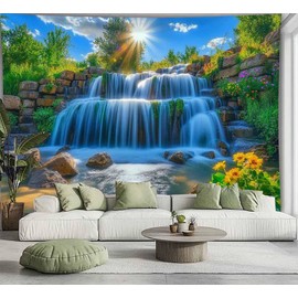 FENDROM - Tapiz de cascada de flores de sol, parque, cascadas, fondo de planta de río, para recámara, sala de estar, recámara