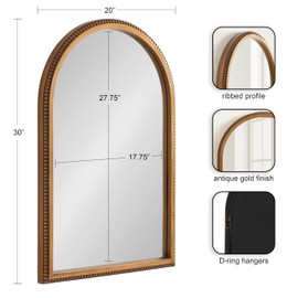 Kate and Laurel Chaston Vintage Beaded Arch Wall Mirror, 20 x 30, Gold, Traditional Ribbed Vintage Bathroom Mirror for Over Sink for Use as Living Room Wall Decor