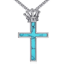Grmdit Cross Necklace with Crown 925 Sterling Silver Turquoise Cross Pendant Necklace Turquoise Jewelry Gifts for Men Women