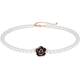 Aleasha Shell Pearl Necklace Earrings Set Women's White Pearl Necklace 7 mm Beads Choker Jewellery Set Rose Flower Brides Wedding Gifts, Pearl, Cubic Zirconia