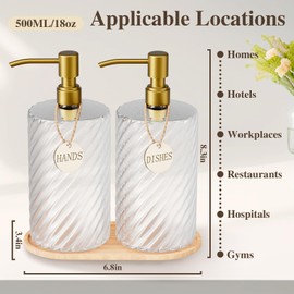 18Oz Spiral Stripe Soap Dispenser Set - Gold Stainless Steel Pump with Wood Tray, Refillable for Kitchen Sink & Bathroom Vanity, Dish Liquid & Hand Soap Storage Solution