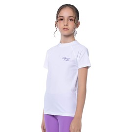 TIZAX Girls Short Sleeve Swimming Shirts Kids Sun Protection Rash Vest Children Rash Guard Quick Drying White 9-10 Years