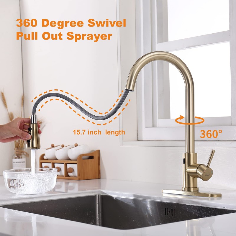 Gold Touchless Kitchen Faucet with Motion Sensor, Pull Down Sprayer