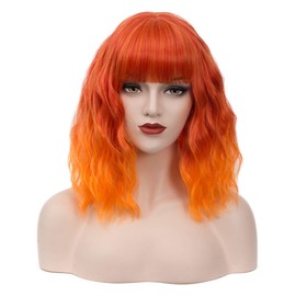 14" Women Short Wavy Curly Wig Ombre Orange Bob Cosplay Halloween Synthetic Wigs With Neat Bang With Free Wig Cap (Ombre Orange 1)