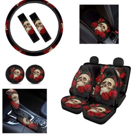 Suhoaziia 12 Pieces Skull with Red Rose Car Accessories Set, Seat Covers Set Steering Wheel Cover Car Coaster Seat Belt Pads Handbrake Cover and Car Center Console Cover for Car Decoration