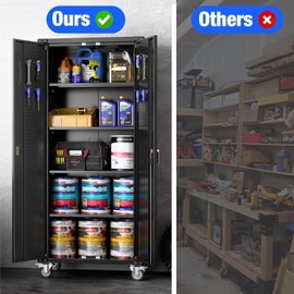 Reemoon Metal Storage Cabinet with Wheels and Pegboard, 72" H Rolling Steel Storage Cabinet with 4 Adjustable Shelves and Lockable Door for Garage, Office, Home,Required Assembly,Black