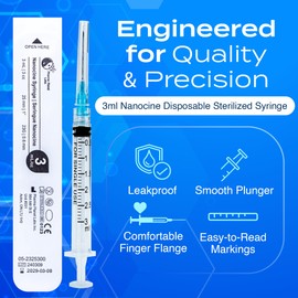 100 Pack 3mL Nanocine Disposable Sterilized 23G 1 Inch, Leur Lock