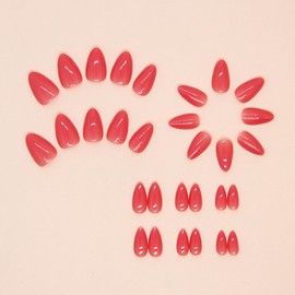 Short Almond Press on Nails Cherries Pink Fake Nails Press ons Acrylic Nails False Glossy Full Cover Artificial Stick on Nails for Women Girls 24 Pcs