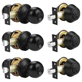 Probrico 3 Pack Door Knob with Double Cylinder Deadbolt Lock Set, Black Front Door Knob and Deadbolt Set, Keyed Alike Combo Exterior Door Lock Set with Deadbolt and Key