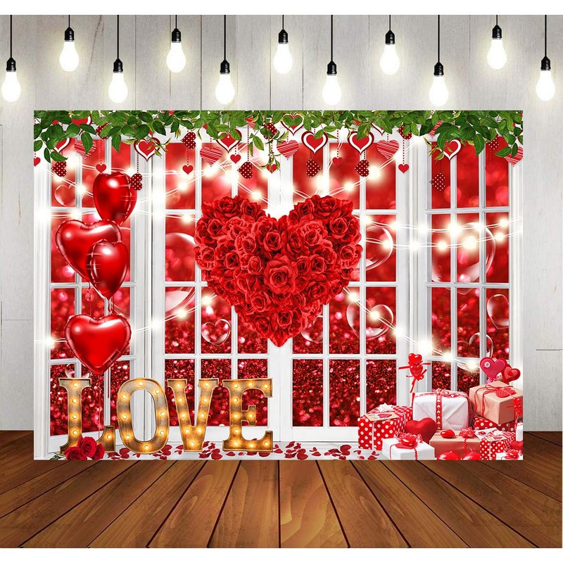 LYCGS 8x6ft Valentine's Day Backdrop Red Love Heart Valentine's Day