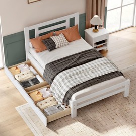 soges White Twin Bed Frame with 2 Storage Drawers, Solid Wood Platform Bed with Headboard, Twin Bed Frame for Teens Adults, Wood Slats Support, No Box Spring Needed, White