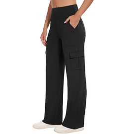 LXP Yoga Cargo Pants Women Wide Leg Pants with Pockets High Waist Stretch Dress Casual Business Work Travel Pants,29",Black,S