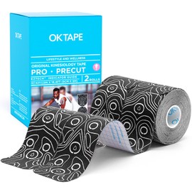 OK TAPE PRO Original Kinesiology Tape Pre-Cut Strips, Latex Free Elastic Athletic Tape Roll, 2in×16ft 2Rolls,Black+White