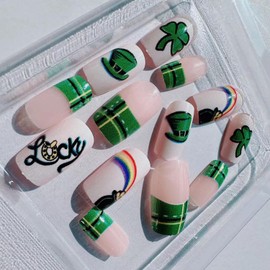 St. Patrick's Day Press on Nails Medium French Tips Fake Nails Green Lucky Clover Short Square St. Patrick's Element Hat Shamrock Stripe Design Irish Holiday St. Patrick Manicure Decoration,24Pcs Kit