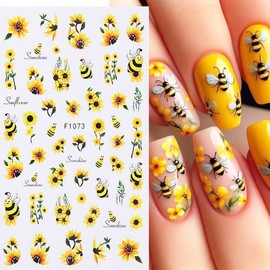 3D Nail Art Stickers Bee Flower Nail Decals Spring Summer Nail Art Supplies Sunflower Bee Flower Leaves Nail Designs Self-Adhesive Manicure Sliders for Women DIY Acrylic Nail Decorations 6 Sheets
